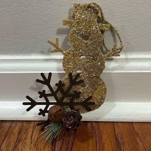 (2) Handmade Reindeer Snowman Christmas Ornaments Sparkly 4” x 6” Jingle Bells - Picture 3 of 14